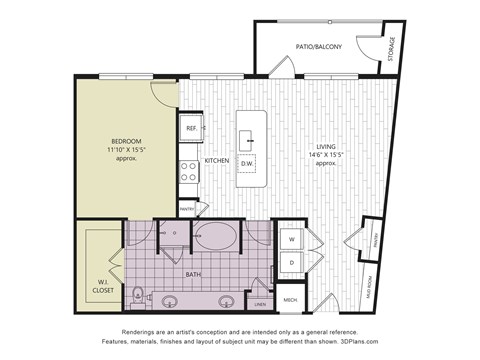 Floor plan for 1 bed, 1 bath, 921 sqft